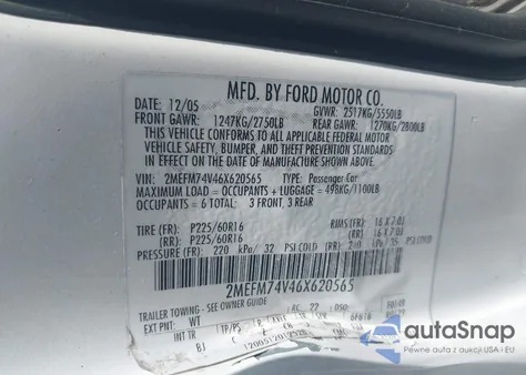 2006 Mercury Grand Marquis Gs z USA, uszkodzony, nr VIN 2MEFM74V46X620565